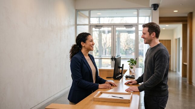 Reception coordinator guides an adult school visitor