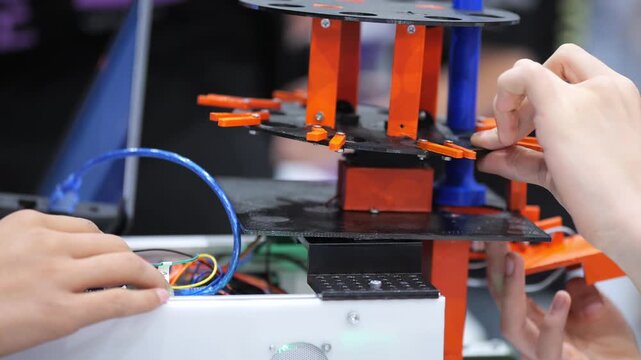 Hands assemble orange and black 3D printer components. Blue wires connect to electronic controls. Person adjusts print head with precision. Background shows tech equipment and laptop screen