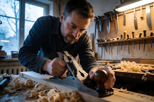 Carpenter running hand plane along board probe lens view