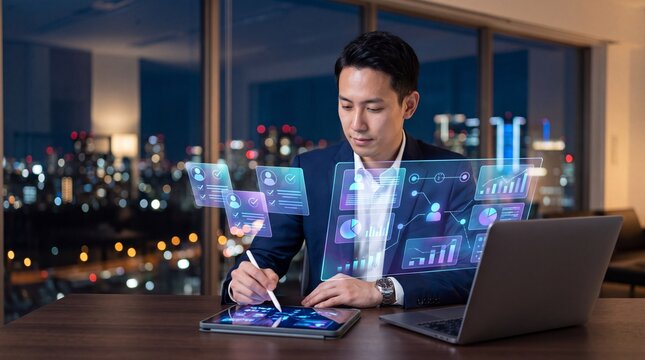 Professional working with advanced data visualization on futuristic augmented reality interface, analyzing business analytics in a modern digital office environment at night