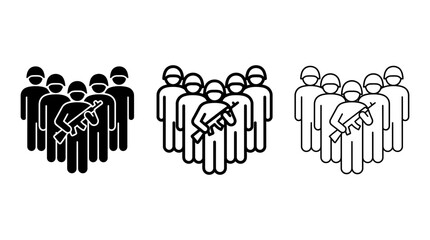 Obraz premium Military squad vector icons set featuring soldiers with weapons in solid black, outline, and detailed line styles