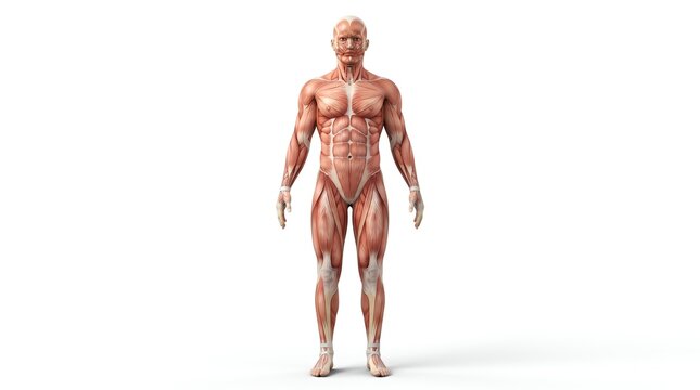Anatomical human muscle system, male muscular structure on white background, medical illustration of body musculature for education