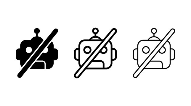 Robot prohibition icons vector set with banned artificial intelligence symbols in black outline and solid styles