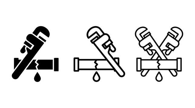 Plumbing repair vector icon set featuring adjustable wrenches, leaking broken pipe with water drop, silhouette and outline styles on white background