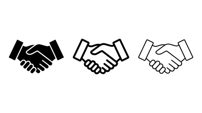 Handshake vector icon set featuring solid and outline minimalist partnership symbols isolated on white background
