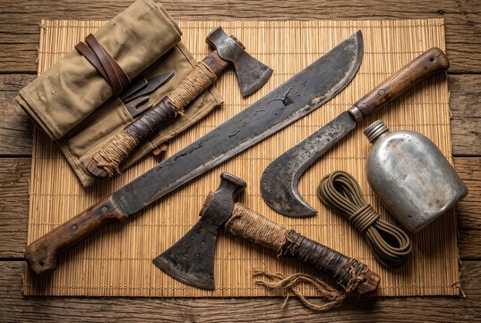 Historical machete axes rope and flask arranged in flat lay