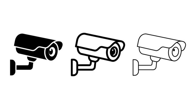 Security camera vector icons set showing solid black, outline, and detailed surveillance equipment symbols isolated on white