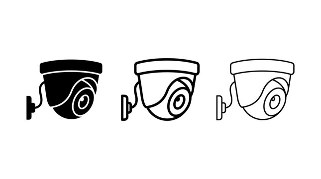 Security camera vector icons set showcasing dome surveillance equipment in solid and outline styles isolated on white