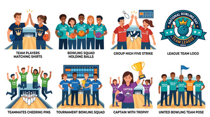 Fototapeta premium Bowling league members celebrate successful strikes together while holding heavy professional balls inside the modern sports arena facility decorated with bright team uniforms and glowing lane wood.
