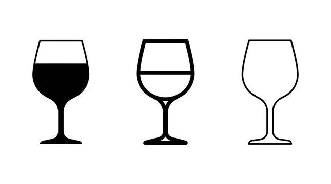 Wine glasses vector icon set showcasing filled and empty stemware designs