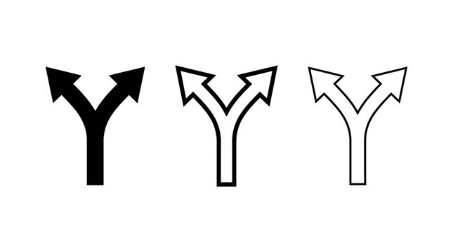 Arrow split vector icons, Y shaped pathway direction symbols, fork road choice illustration