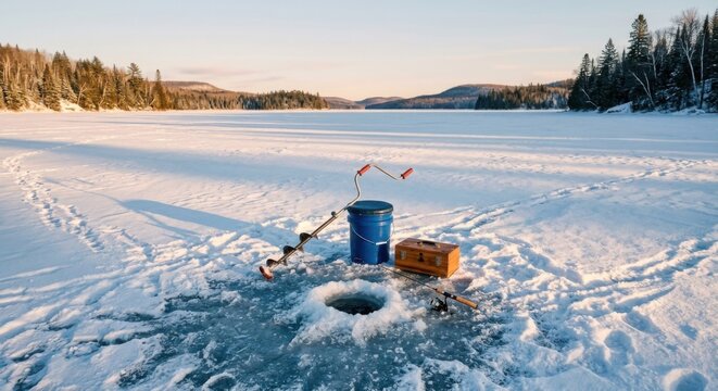 Ice Fishing Scene with Equipment on Frozen Lake during Winter