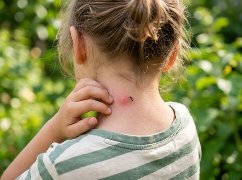 Young child scratching an itchy mosquito bite on the back of their neck outdoors