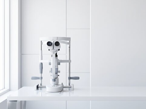 Modern slit lamp biomicroscope in a bright ophthalmology clinic interior for eye examination and vision check with copy space.