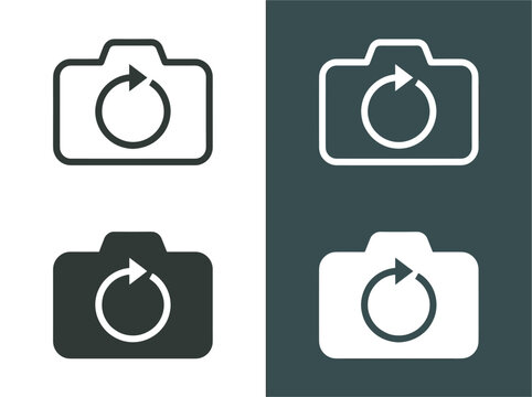 Photography camera switch icon set in flat and outline styles for mobile apps, social media, and digital interfaces.