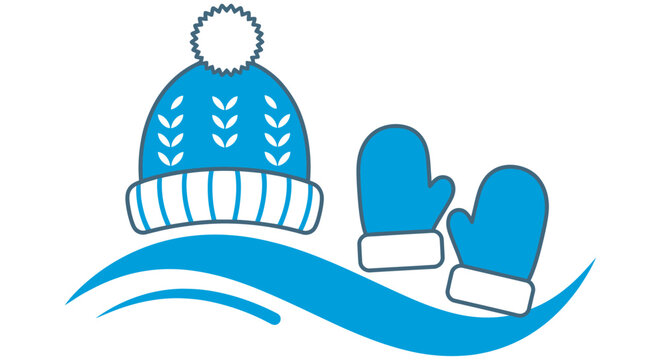 Winter hat and mittens rest on a wavy blue background vector illustration