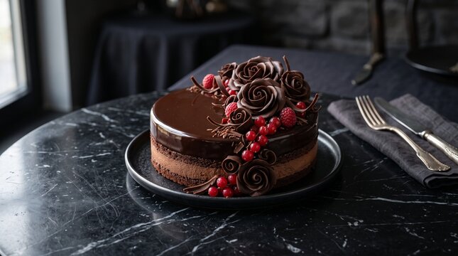 Elegant chocolate mousse cake with glossy chocolate glaze, chocolate roses, and fresh red berries on a dark marble table.