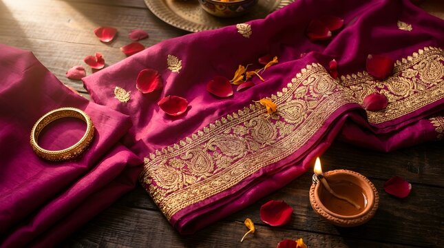 Magenta purple silk sari featuring intricate golden zari embroidery, paired with a traditional gold bangle, rose petals, and a lit clay diya.