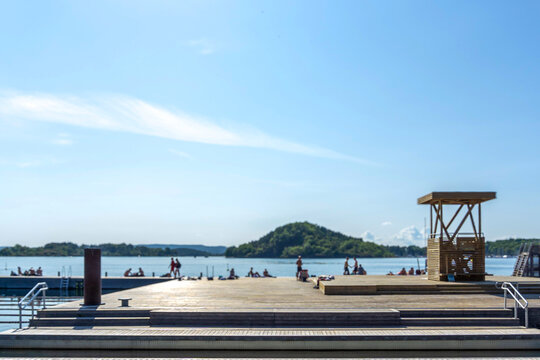 S&oslash;renga pier in Oslo Fjord with people relaxing