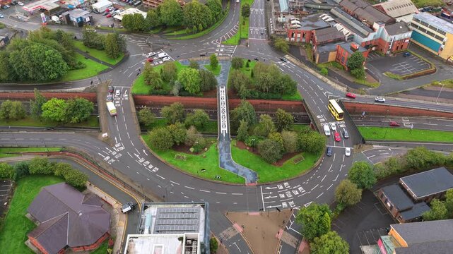 Aerial Video of Oldham Way A62 Roundabout Junction and Footbridge Infrastructure