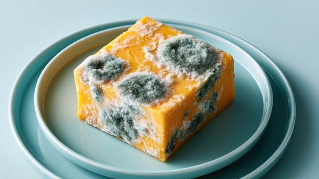 Top view of square cheddar cheese covered in toxic blue mold spores on plate. Spoiled dairy food slice decays inside clean kitchen. Perfect for foodborne illness prevention and quality control ads.
