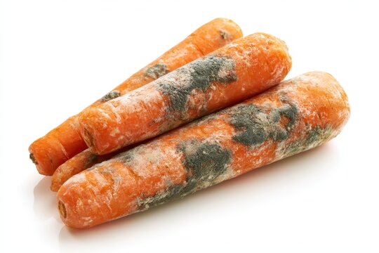 Rotten carrots covered in toxic mold spots on white background. Moldy vegetables decay from bad ventilation. Perfect for household food waste reduction. Cold Storage. Postharvest Crop Disease concept.