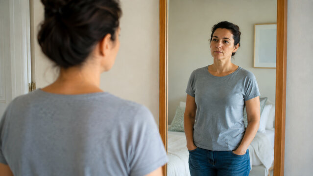 Middle aged woman looking at herself in a bedroom mirror, representing self reflection, aging, body image, confidence and personal identity