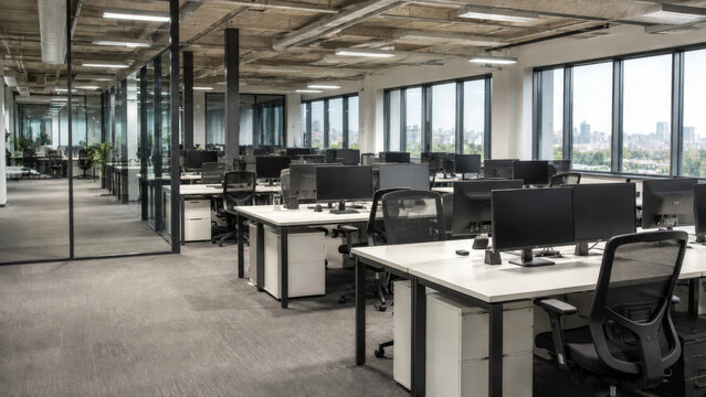 Empty modern open plan office with rows of desks and computers, representing corporate workplace, business operations, employment and office culture
