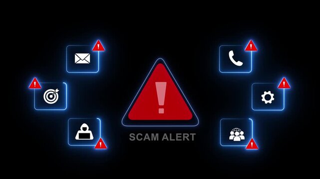 Cybersecurity scam alert warning featuring glowing digital for phishing, identity theft, fraudulent calls, and malicious network attacks in a high-tech modern information security interface