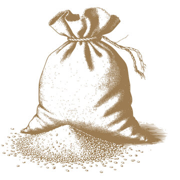 a knotted bag with scattered grain or seeds, vector illustration. for agricultural company logos, bakery packaging, vintage labels, organic food branding, and retro culinary designs.