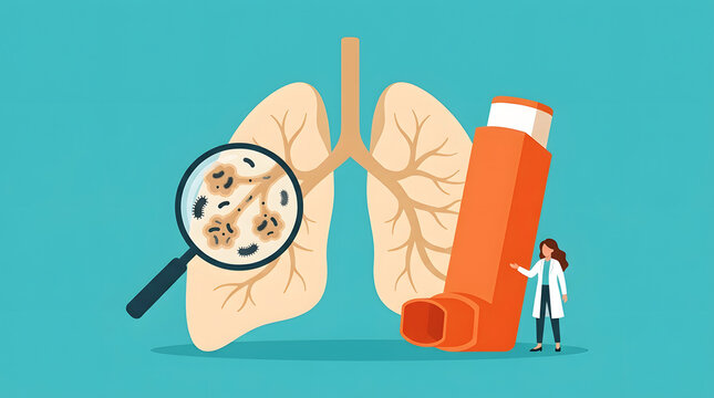 Medical illustration of healthy lungs with asthma inhaler and magnifying glass