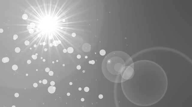 Bright sunburst with lens flare background animation, Lens flare and bokeh particles over a subtle gray gradient background