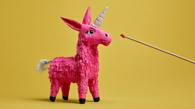 Pinata looking nervous as a stick approaches, tiny sweat drop, pastel yellow wall, copy space