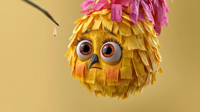 Pinata looking nervous as a stick approaches, tiny sweat drop, pastel yellow wall, copy space