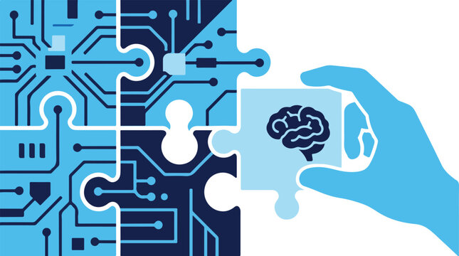 Four puzzle pieces being fitted together. Three pieces have robot circuit patterns, and the final piece being inserted by a human hand has a brain icon. Represents the synergy of multi-agent