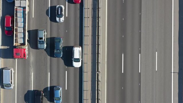 Aerial view of highway traffic with utility truck in Russia.