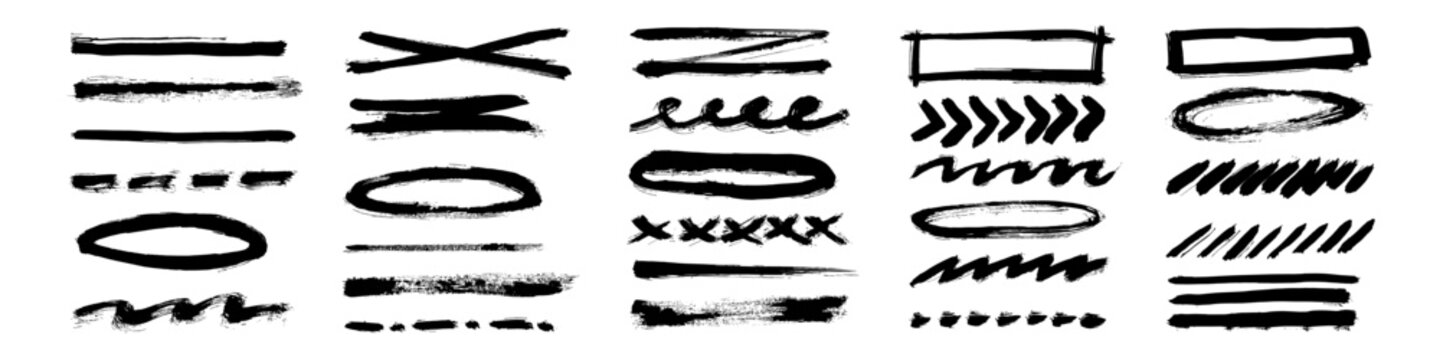 A vector collection of black brushstroke underlines, oval and rectangular frames, crosses and chevrons on white, featuring rough ink textures and expressive painted marks.
