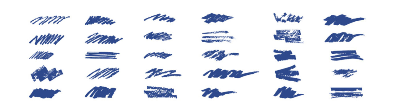 A vector set of blue marker scribbles and compact brush marks on white, combining bold swatches, diagonal hatching and distressed strokes for underlines, highlights and graphic accents.