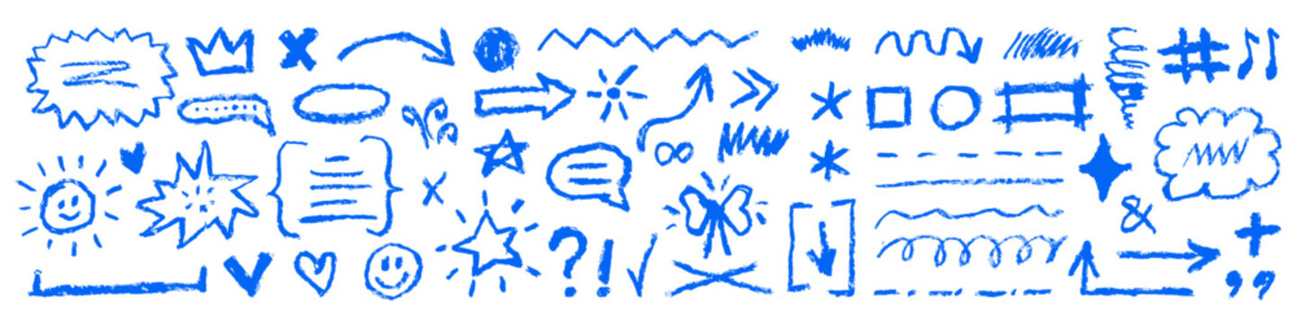 A blue crayon doodle collection with arrows, stars, hearts, speech bubbles, a butterfly and scribbled underlines, rendered in a rough texture and isolated on white as a playful vector set.