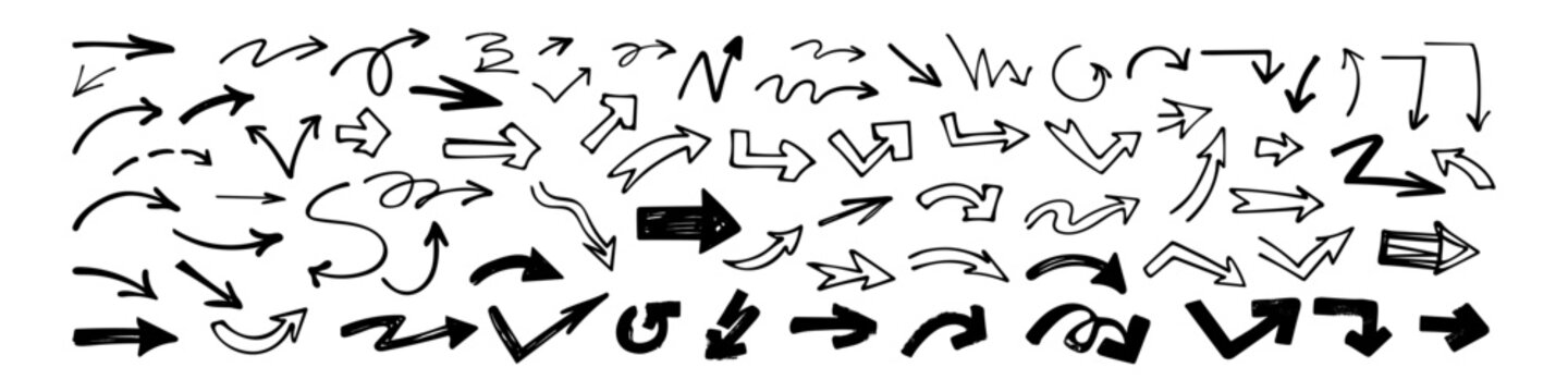 A vector collection of black doodle arrows with curved, straight, looping and zigzag paths, combining bold filled shapes and thin outlines on white for diagrams and directional accents.