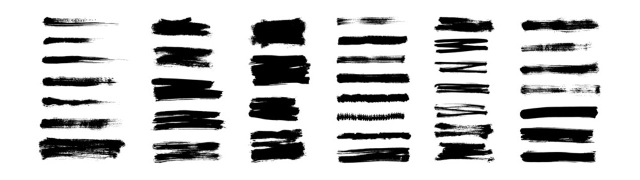 A vector set of black paint brushstrokes in varied widths, with rough bristle textures, bold swashes and distressed edges, isolated on white for banners, underlines and graphic accents.