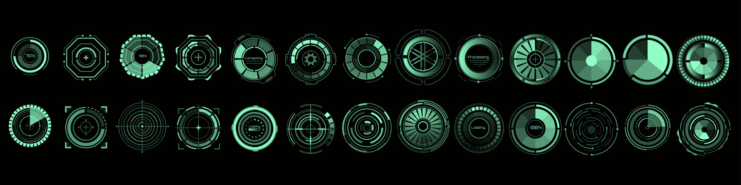 A vector set of green circular HUD interface elements on black, featuring loading indicators, progress rings, radar displays and targeting reticles with concentric lines and segmented dials.