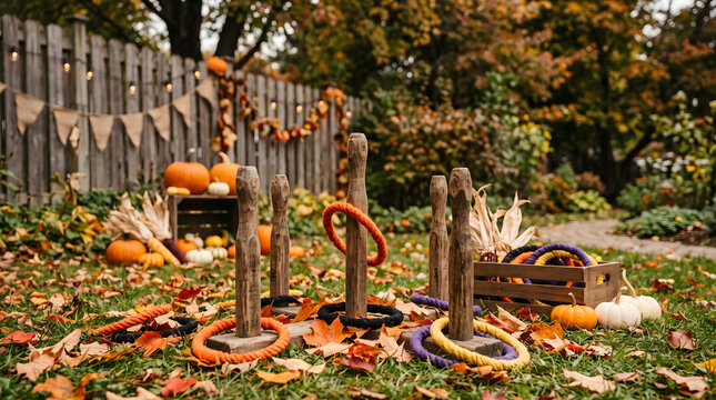 Halloween Ring Toss Game in an Autumn Backyard