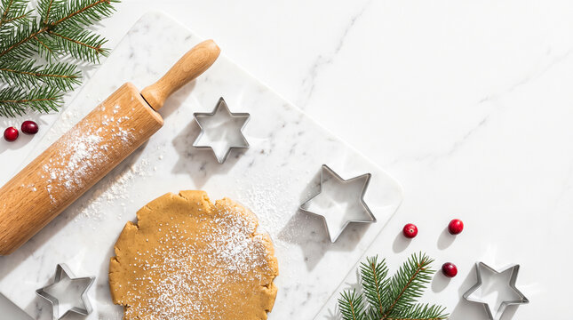 gingerbread cookie dough on marble board near wooden rolling pin star metal cutters flour cranberries pine branches Christmas holiday baking background
