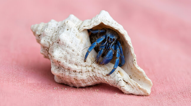 Blue hermit crab emerging from a spiral shell on pink background