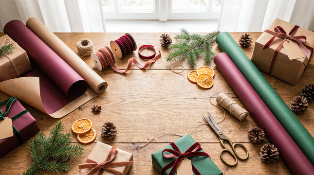 Colorful wrapping paper rolls velvet ribbons twine scissors dried orange slices pine cones and fir branches arranged on wooden table around central copy space