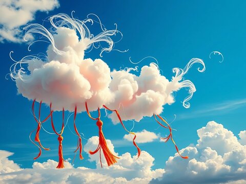 Stylized clouds with wispy tendrils and tassels, tassels, ||clouds