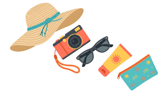Flat lay illustration of summer vacation travel essentials including a straw hat camera sunglasses sunscreen and pouch