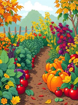 Vector illustration of a colorful vegetable garden in mid-fall, agriculture, cultivation
