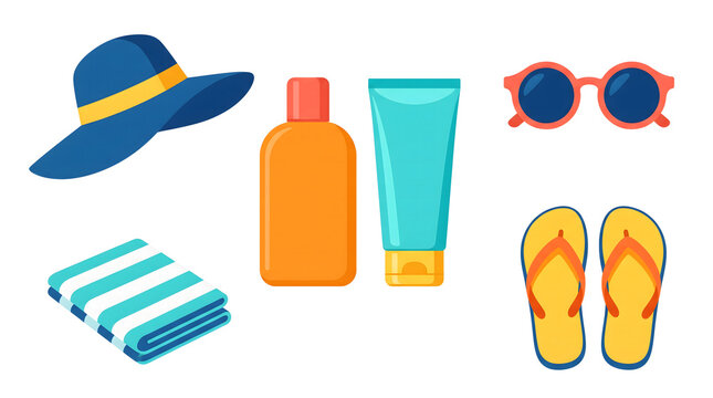 Set of colorful summer vacation accessories including sun hat sunscreen lotion sunglasses towel and yellow flip flops